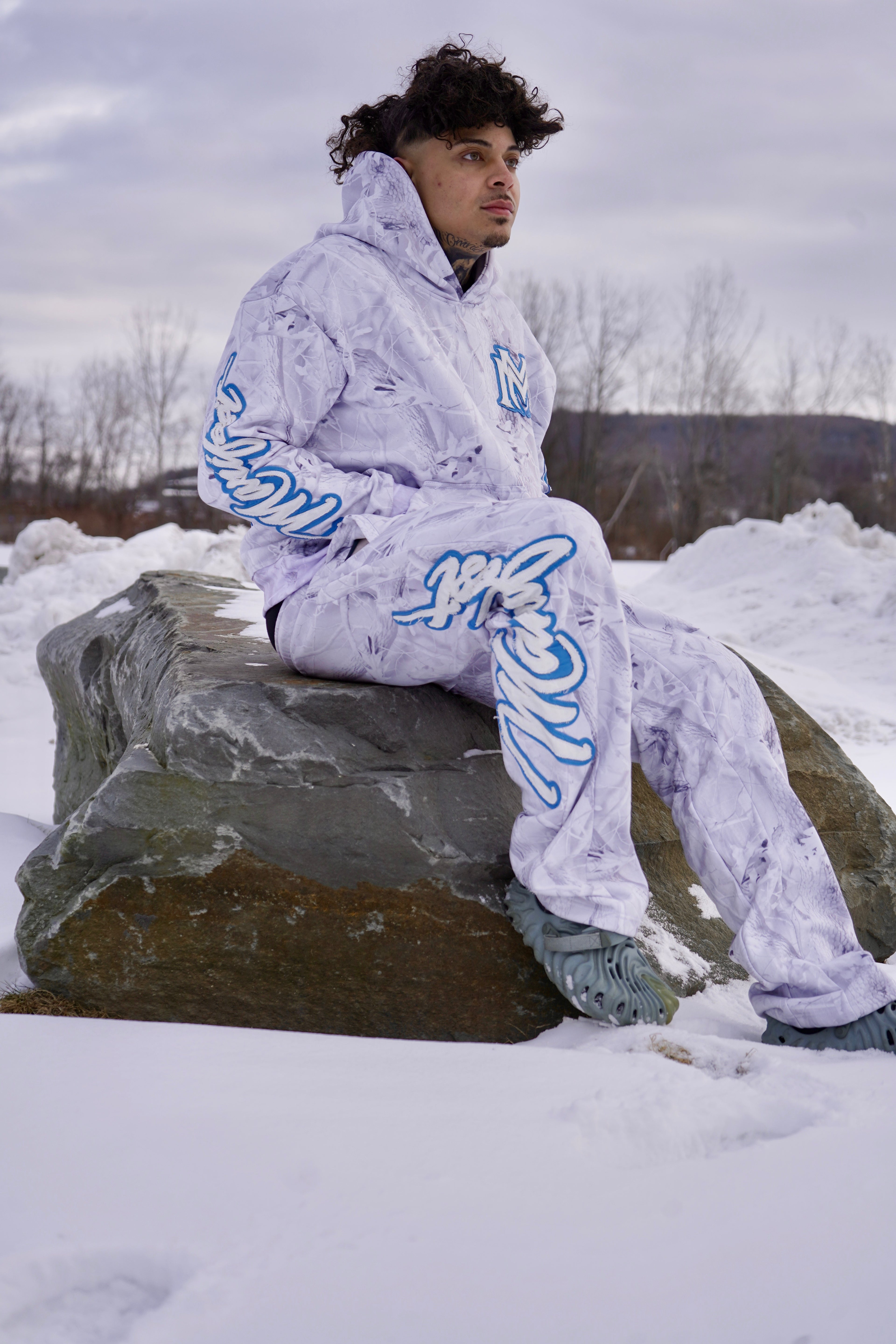 Manifest Millions® Luxury Heavyweight Set — White Icy Blue Camo (Double Embroidery) | Unisex Fit