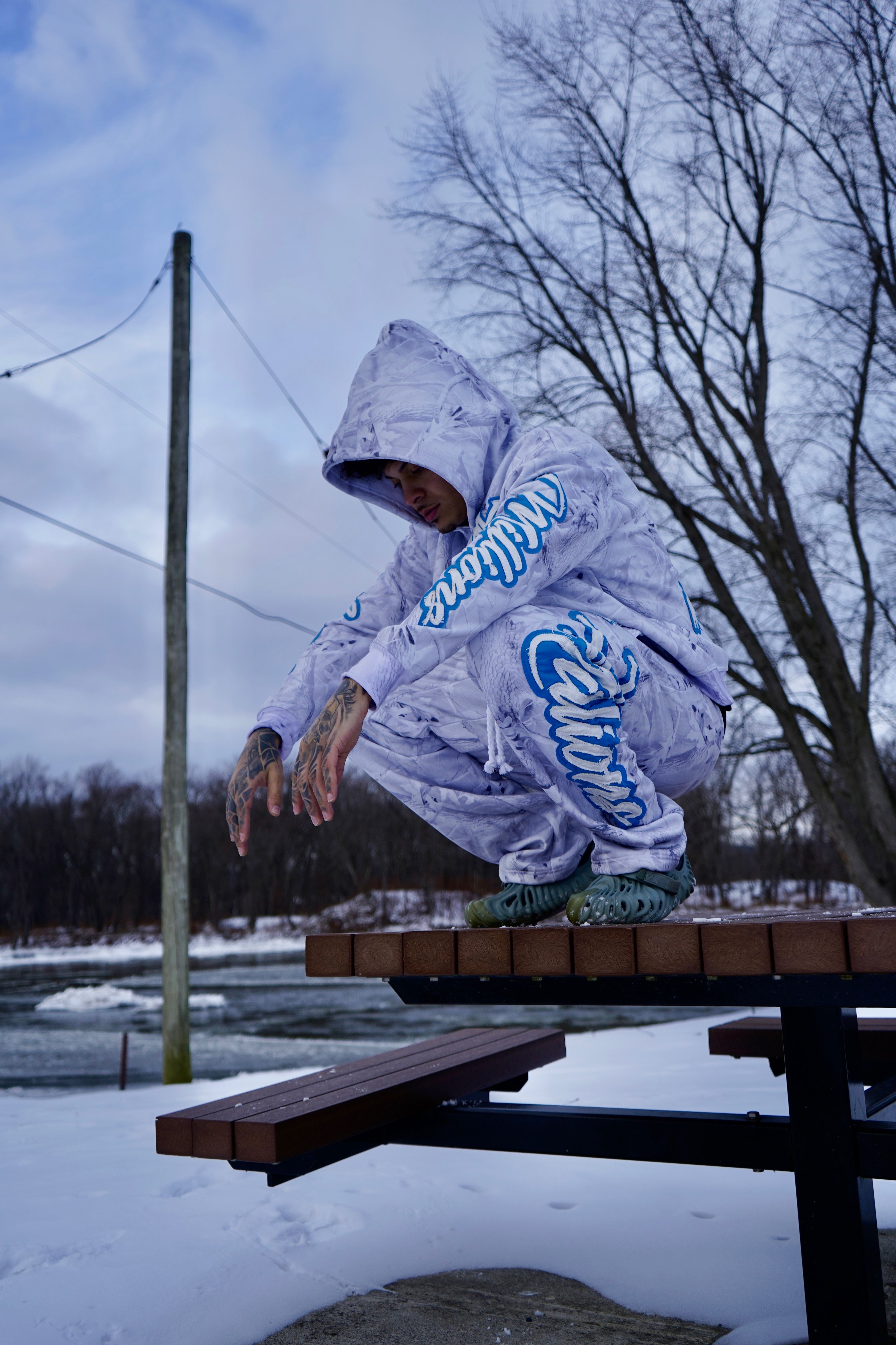 Manifest Millions® Luxury Heavyweight Set — White Icy Blue Camo (Double Embroidery) | Unisex Fit