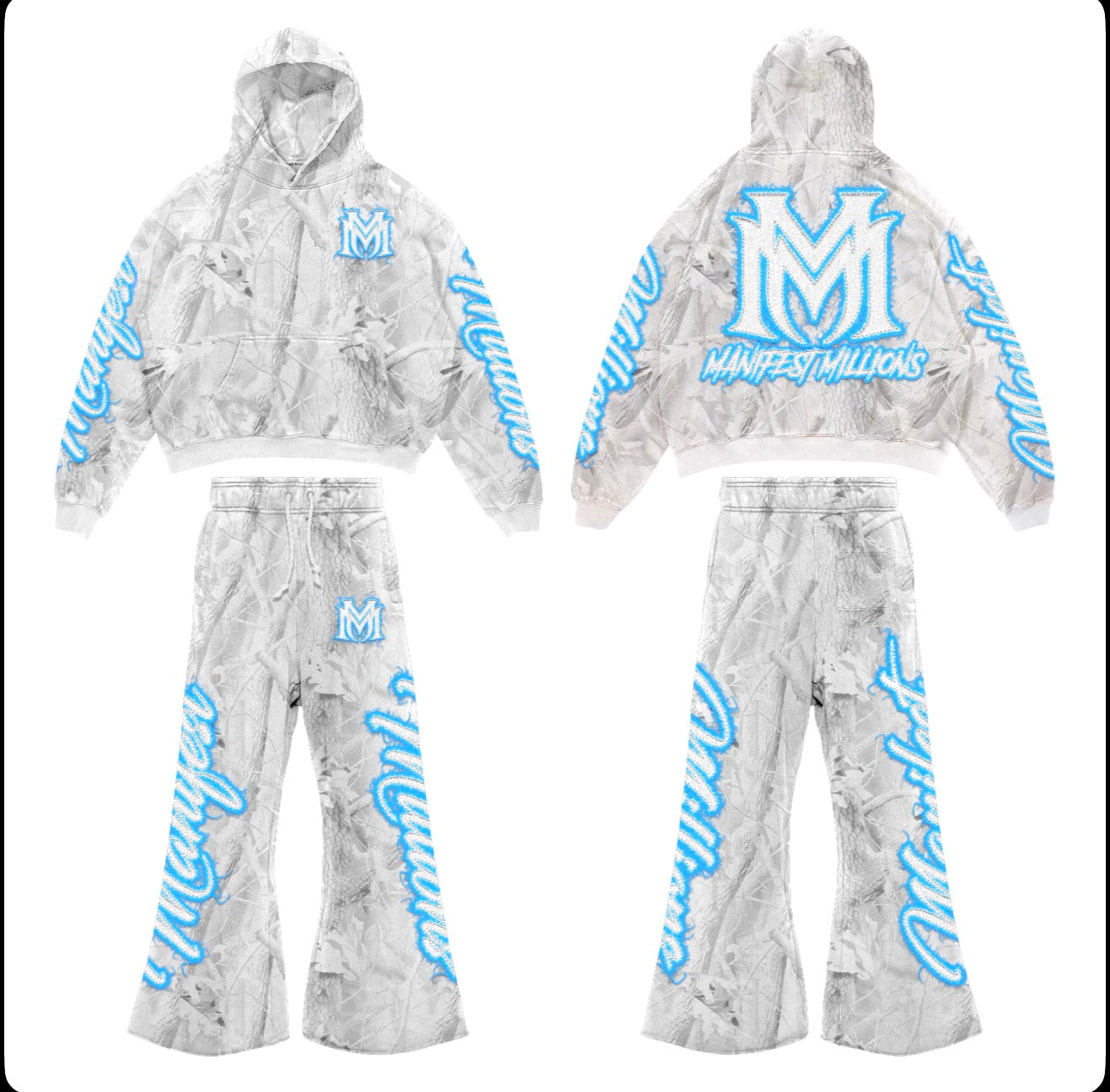 Manifest Millions® Luxury Heavyweight Set — White Icy Blue Camo (Double Embroidery) | Unisex Fit